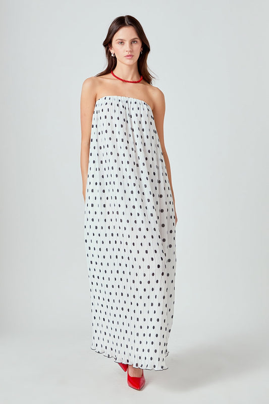 Samantha Strapless Pleated Polka Dot Maxi Dress.