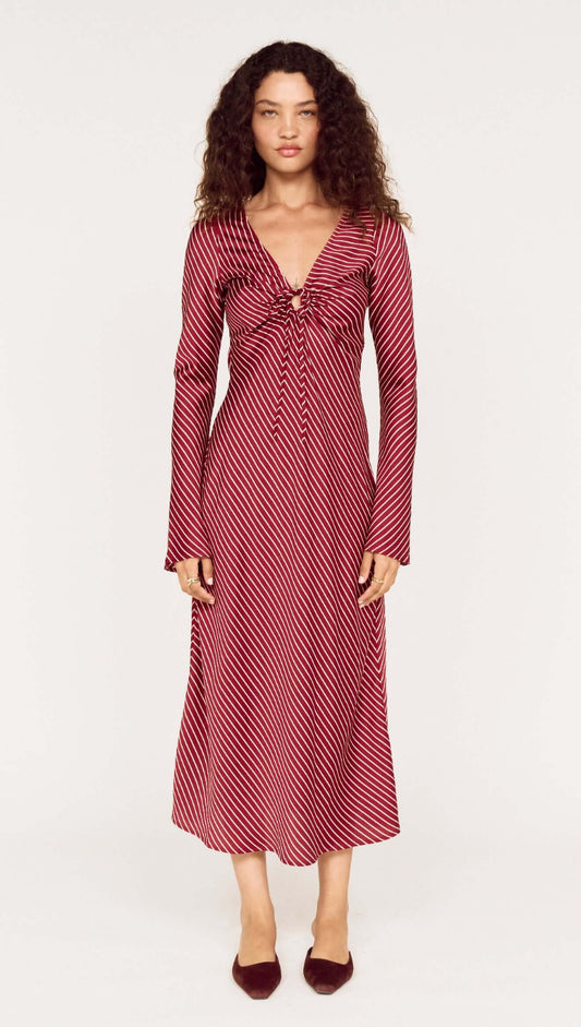 Burgundy Pinstripe Bias Midi Dress