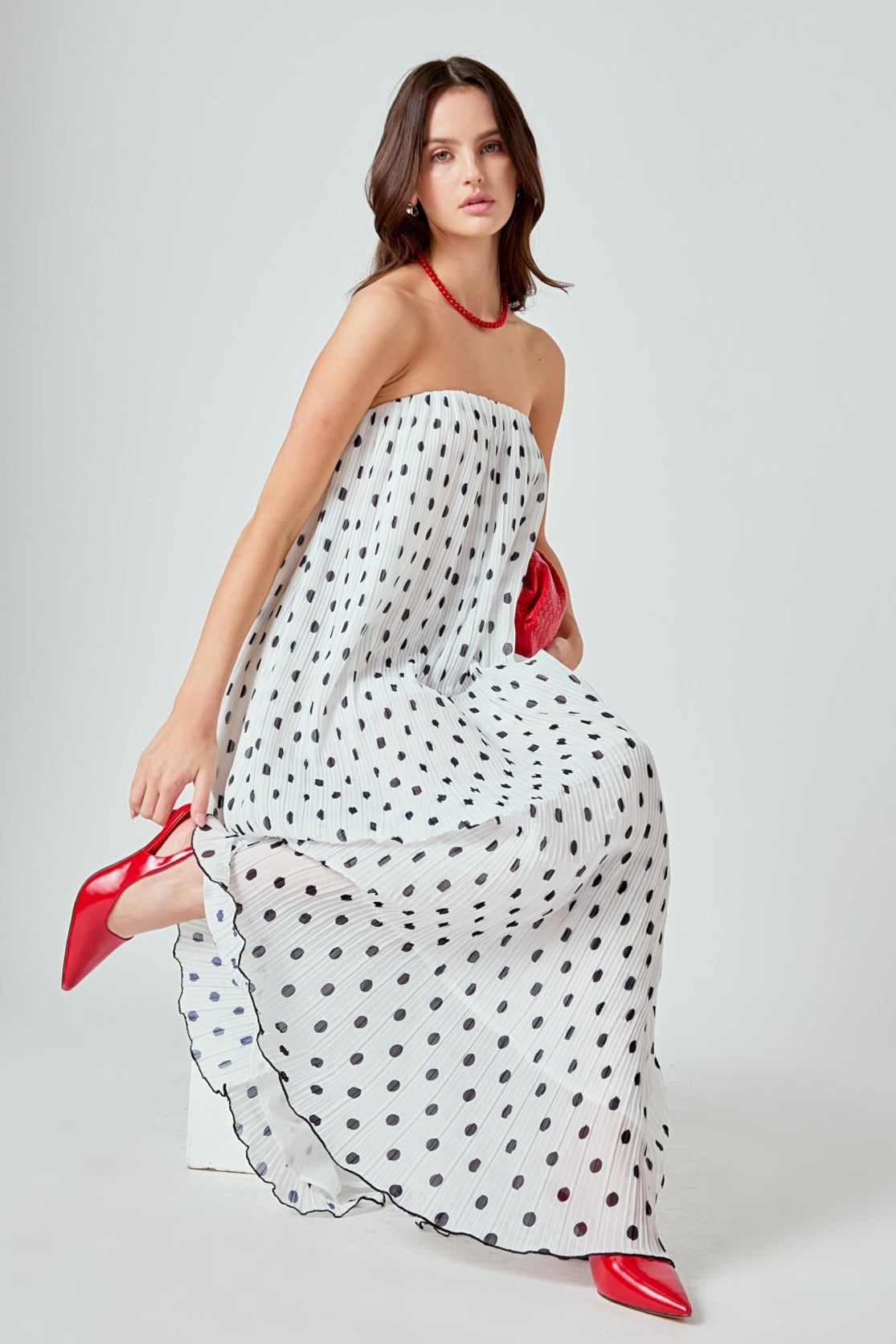 Samantha Strapless Pleated Polka Dot Maxi Dress.