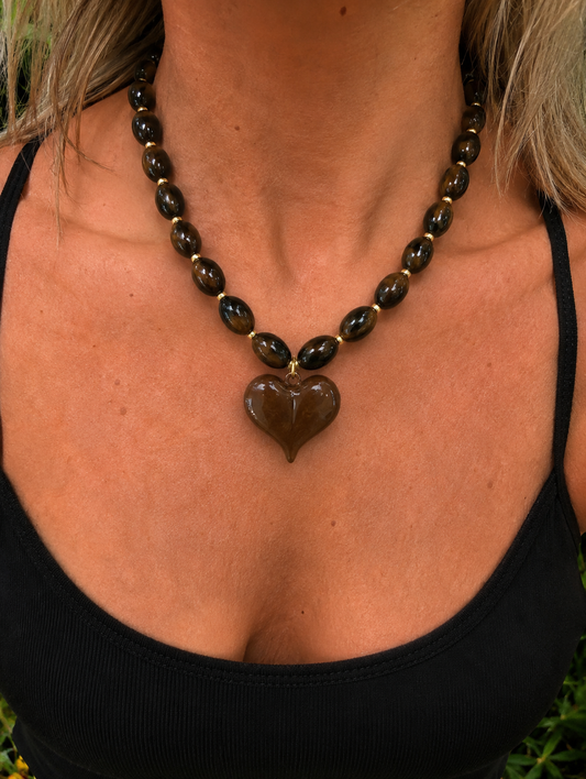 Roxie Brown Beaded Necklace Heart Charm