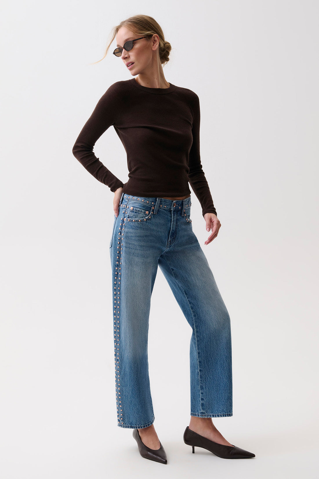 Lexi Mid Rise Bowed Straight-Rose Gold Studded
