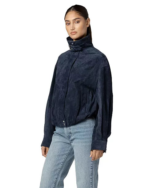 Navy Suede Funnel Neck Jacket