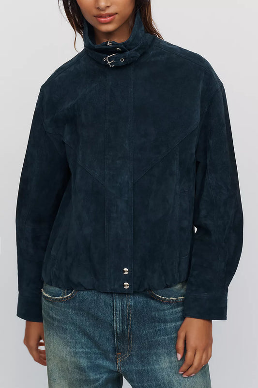 Navy Suede Funnel Neck Jacket