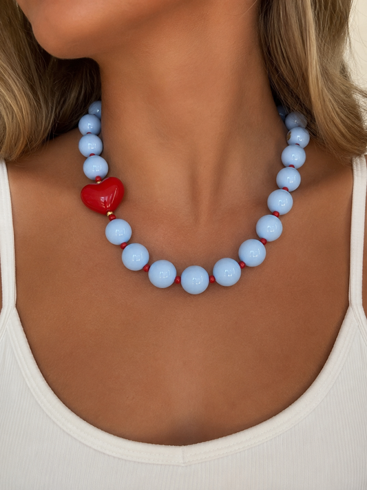 Judy Chunky Light Blue Beaded Heart Necklace