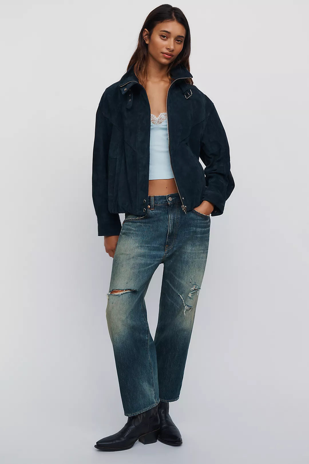 Navy Suede Funnel Neck Jacket
