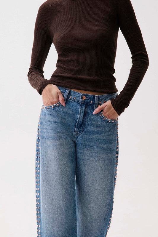 Lexi Mid Rise Bowed Straight-Rose Gold Studded