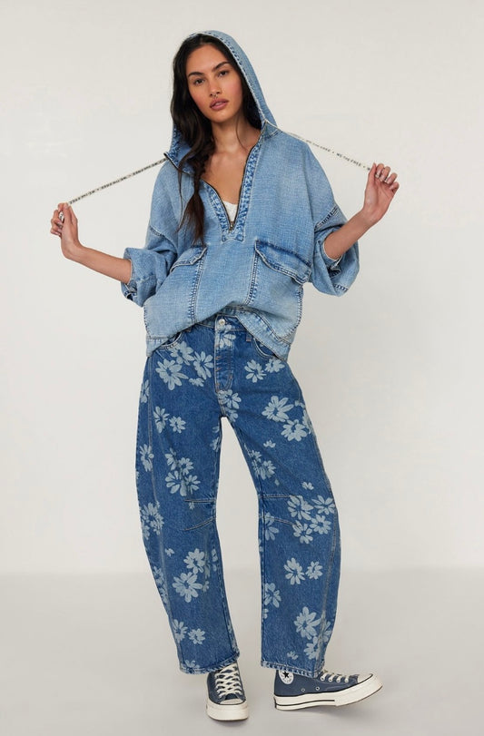 Free People We The Free Good Luck Printed Barrel Jeans