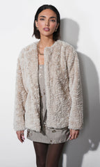Yuri Collarless Faux Fur Jacket with Tie Belt