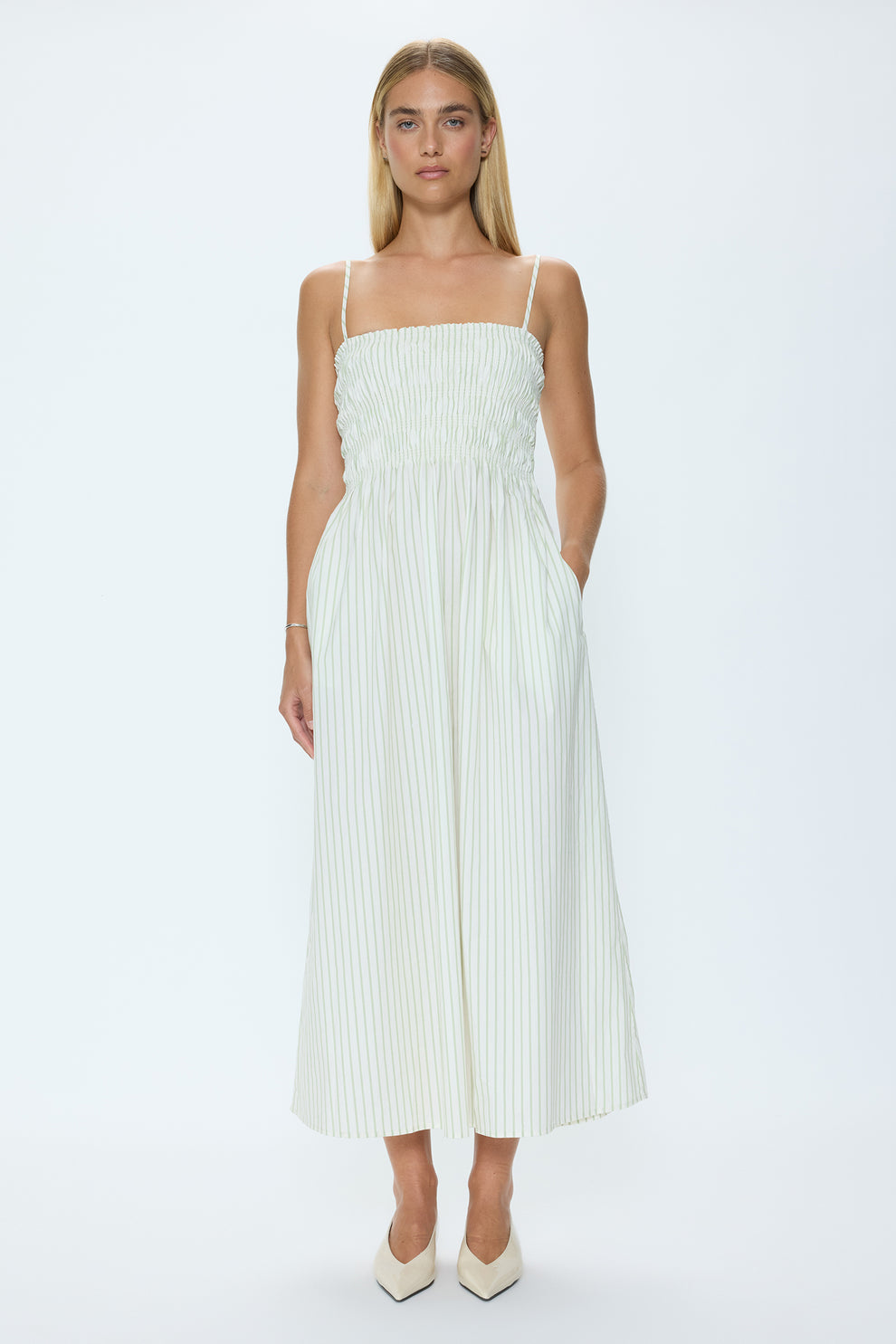 Bianca Shirred Striped Bodice Dress Sage Egret Stripe