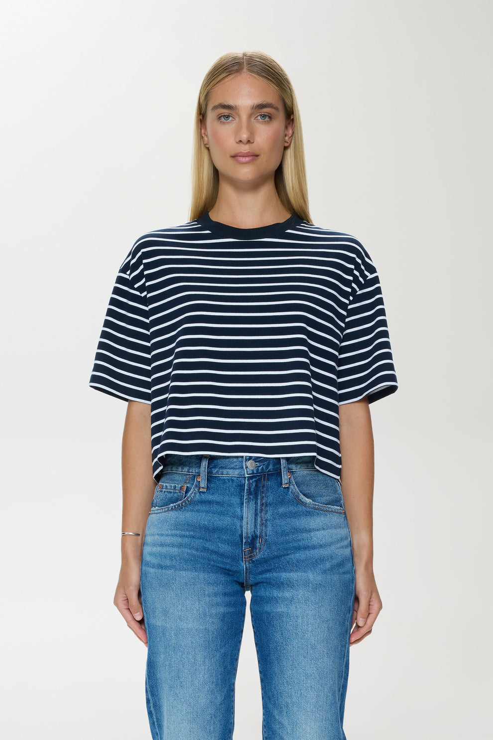 Mae Cropped Tee-Navy White Stripe