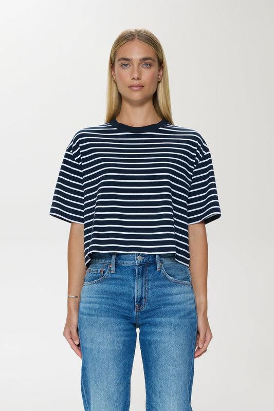 Mae Cropped Tee-Navy White Stripe