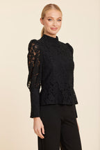 Floral Black Lace Pearl Button Longsleeve Peplum