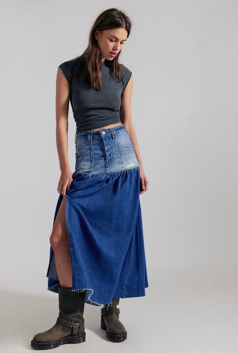 We The Free Good Company Mixed Denim Maxi Skirt