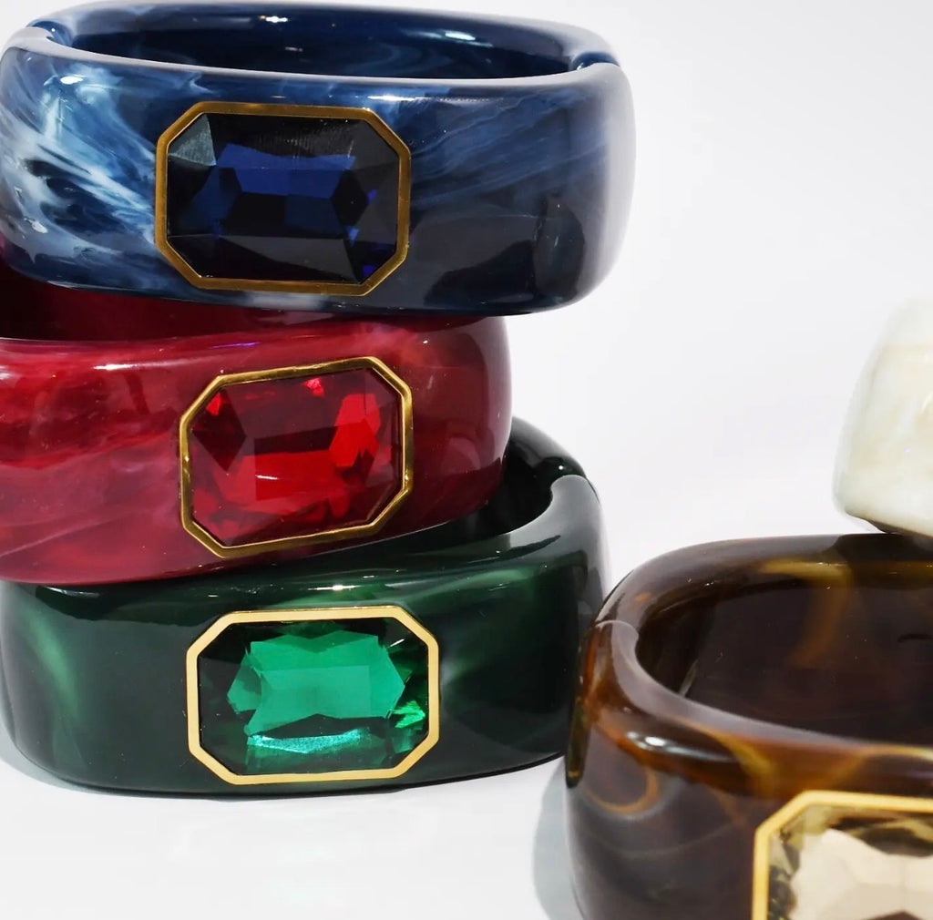 Marbled Resin Emerald-Cut Crystal Statement Bangle