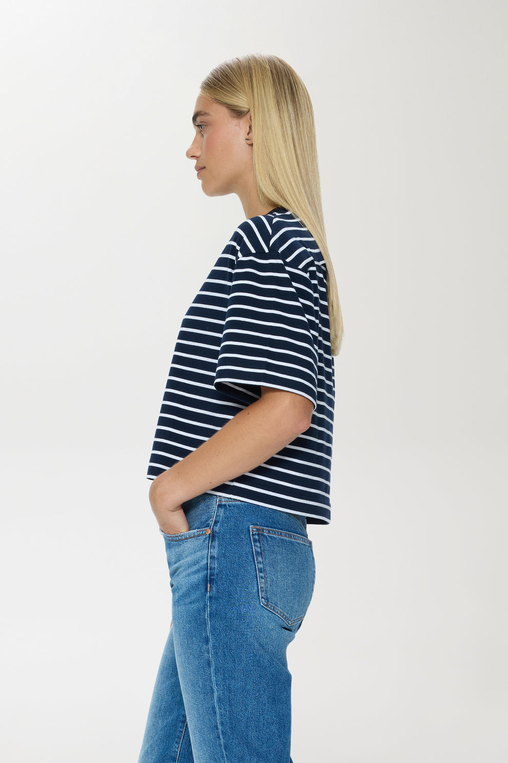 Mae Cropped Tee-Navy White Stripe
