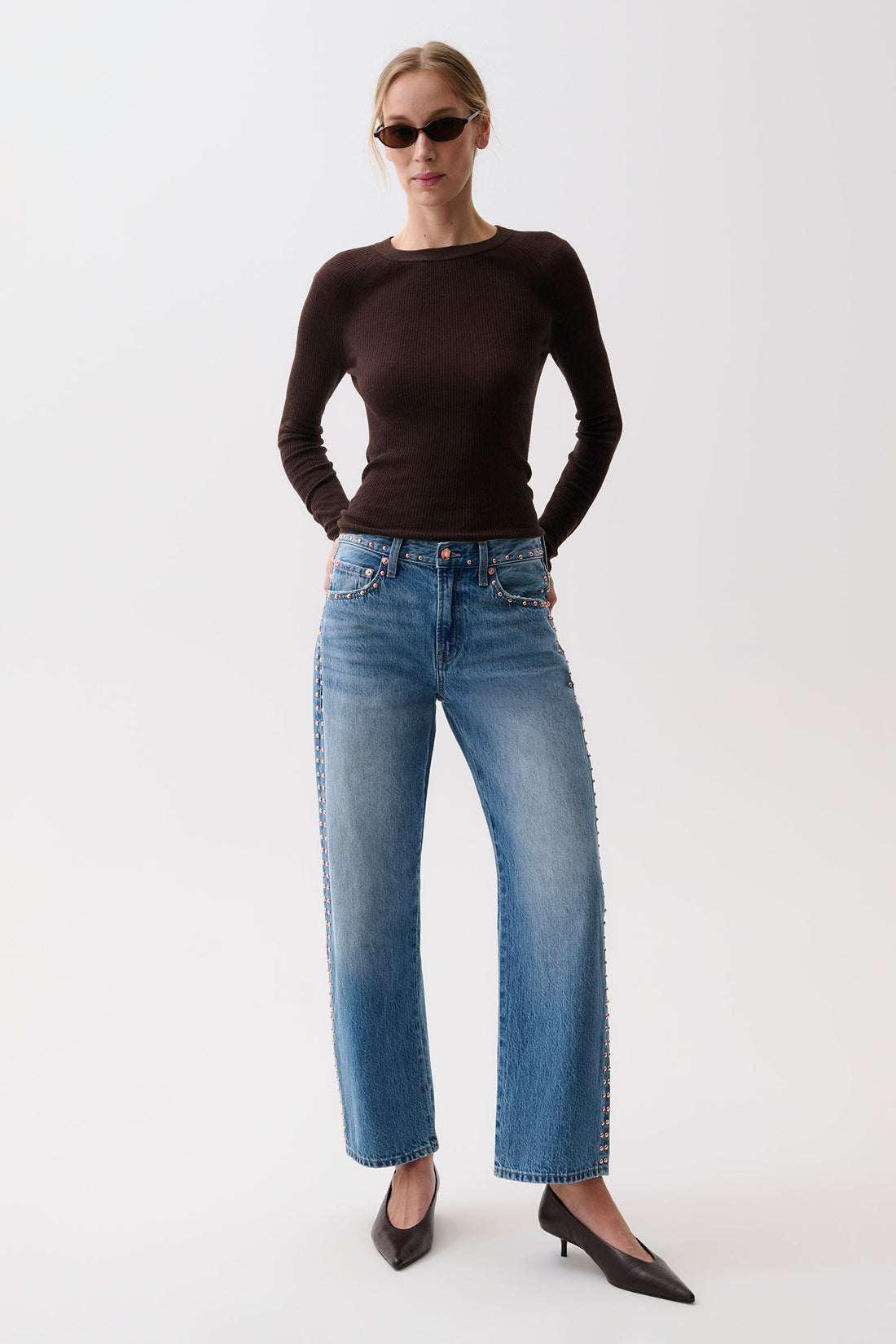 Lexi Mid Rise Bowed Straight-Rose Gold Studded