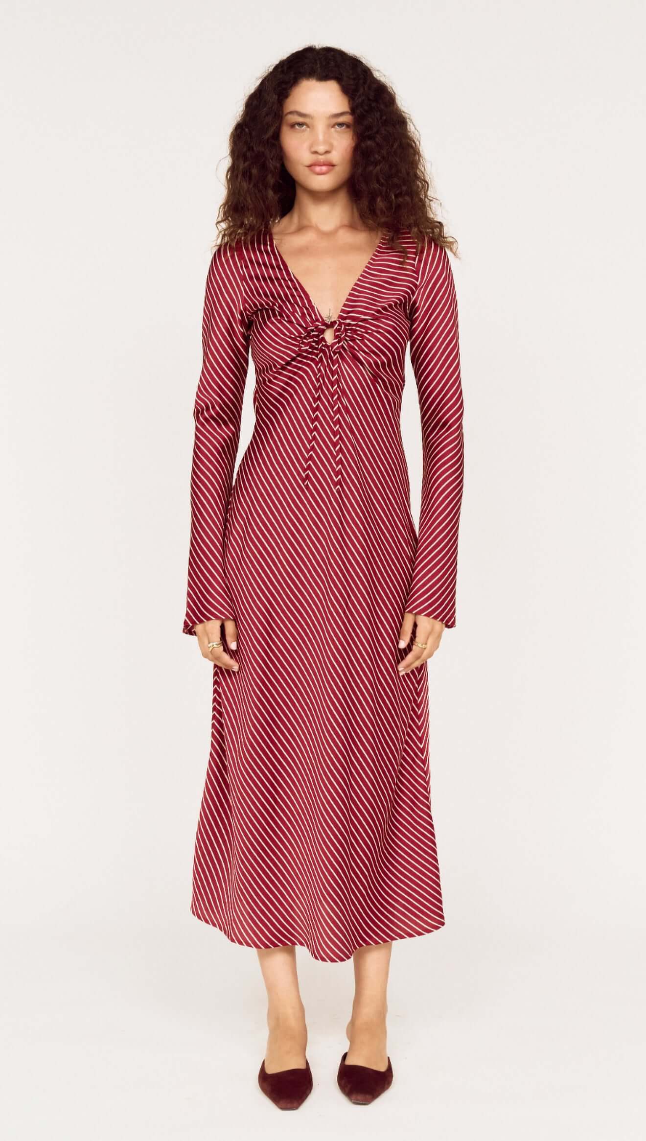 Burgundy Pinstripe Bias Midi Dress