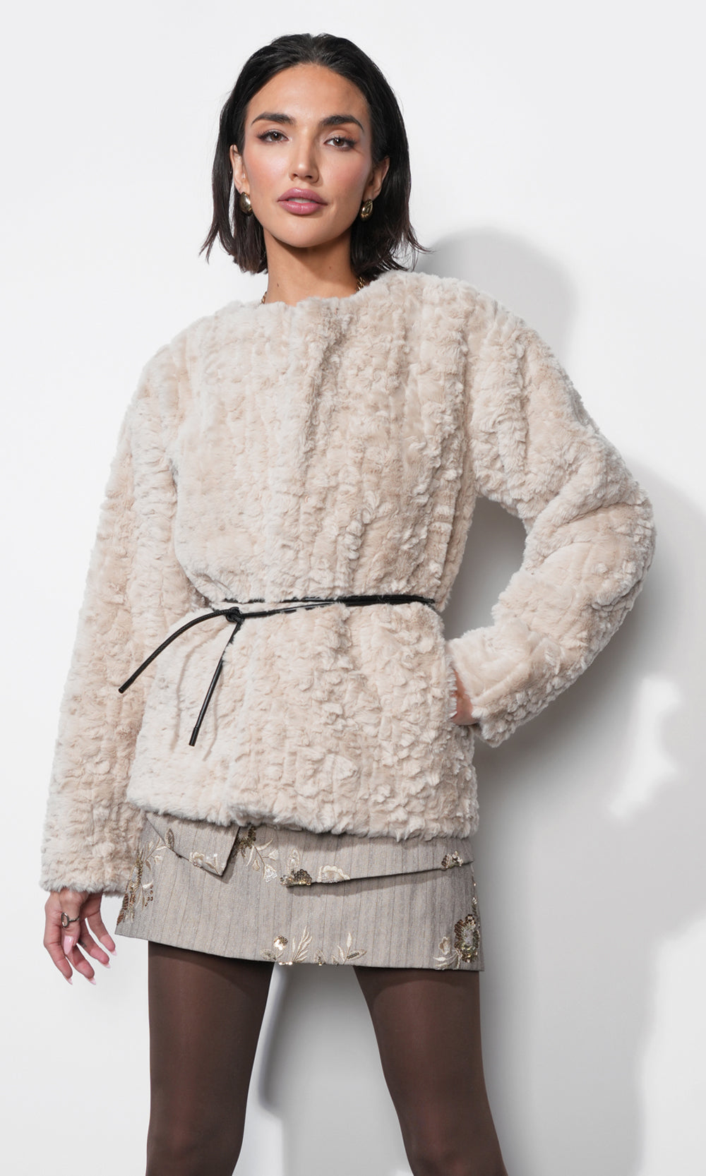 Yuri Collarless Faux Fur Jacket with Tie Belt