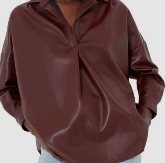 Brown Faux Leather Pop Over Shirt