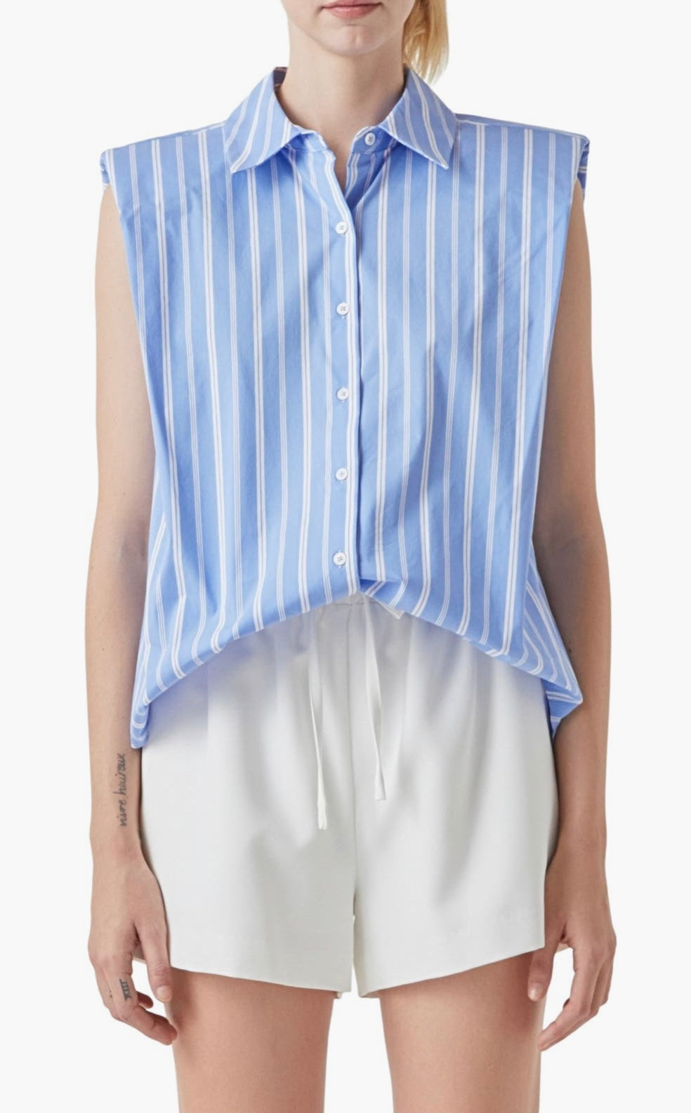 Stripe Power Shoulder Sleeveless Button-Up Shirt