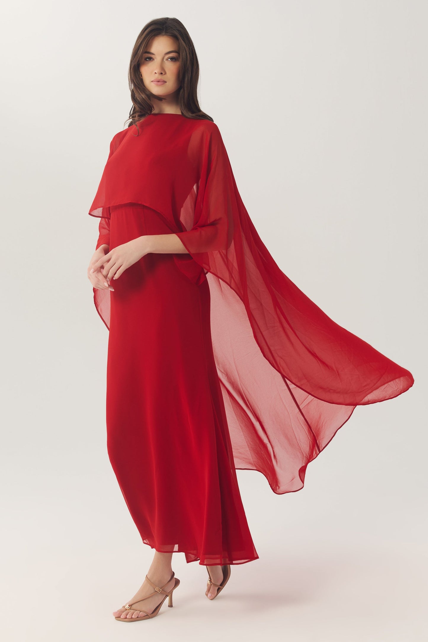 Avielle Cape Overlay Dress in Red