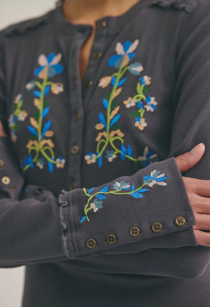 Fleur Embroidered Cuff Henley