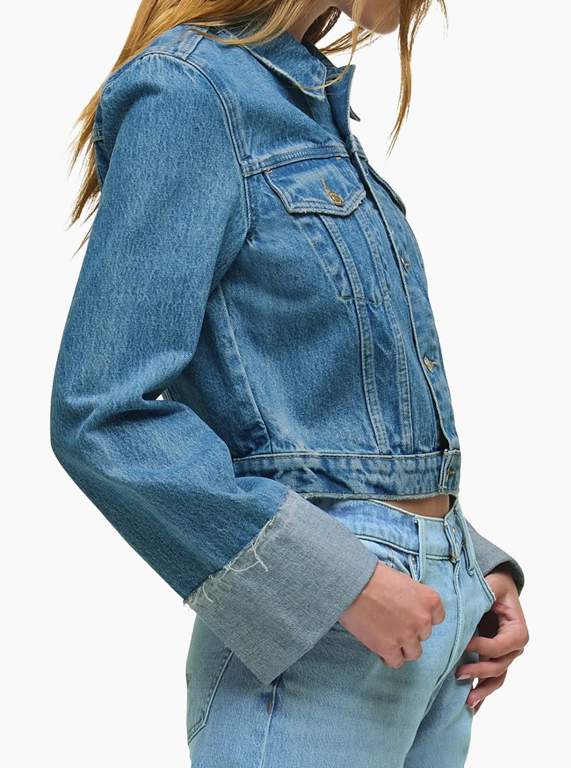 Cuffed-Sleeve Denim Crop Jacket