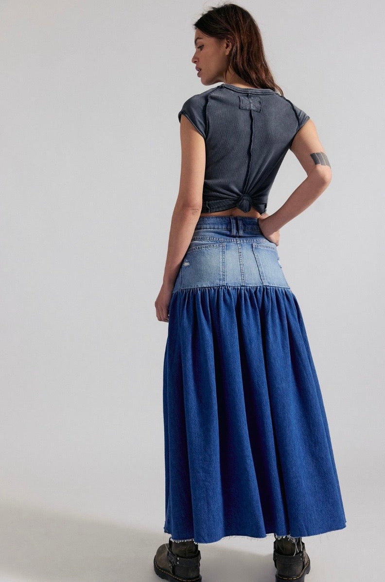 We The Free Good Company Mixed Denim Maxi Skirt