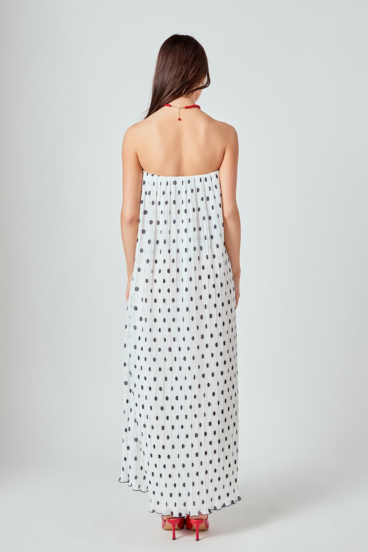 Samantha Strapless Pleated Polka Dot Maxi Dress.