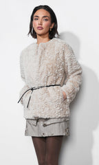 Yuri Collarless Faux Fur Jacket with Tie Belt