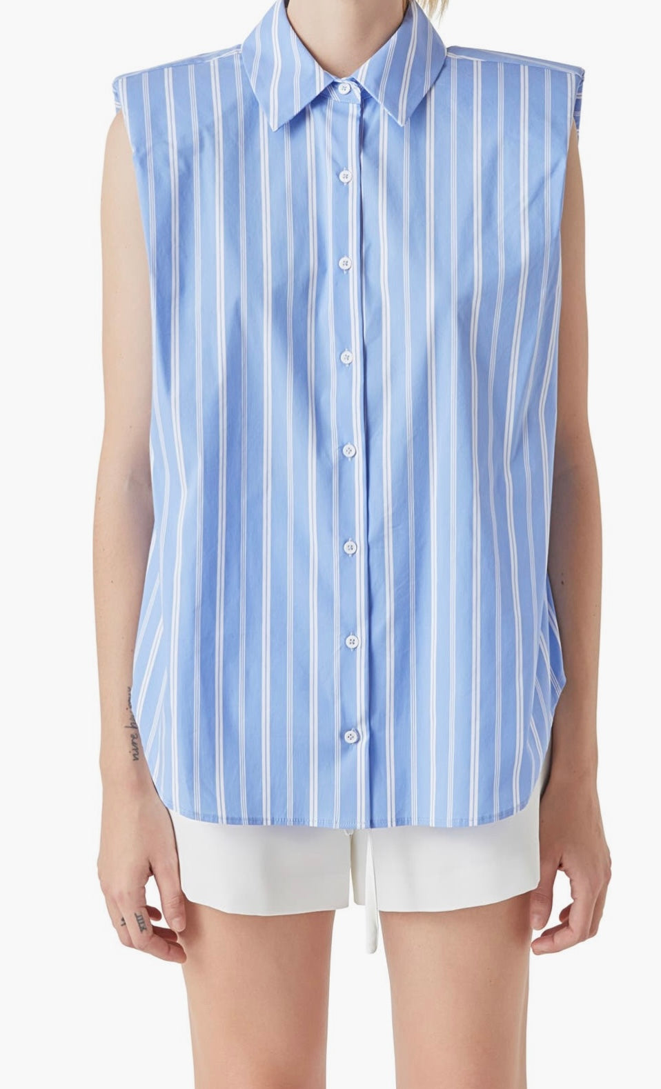 Stripe Power Shoulder Sleeveless Button-Up Shirt