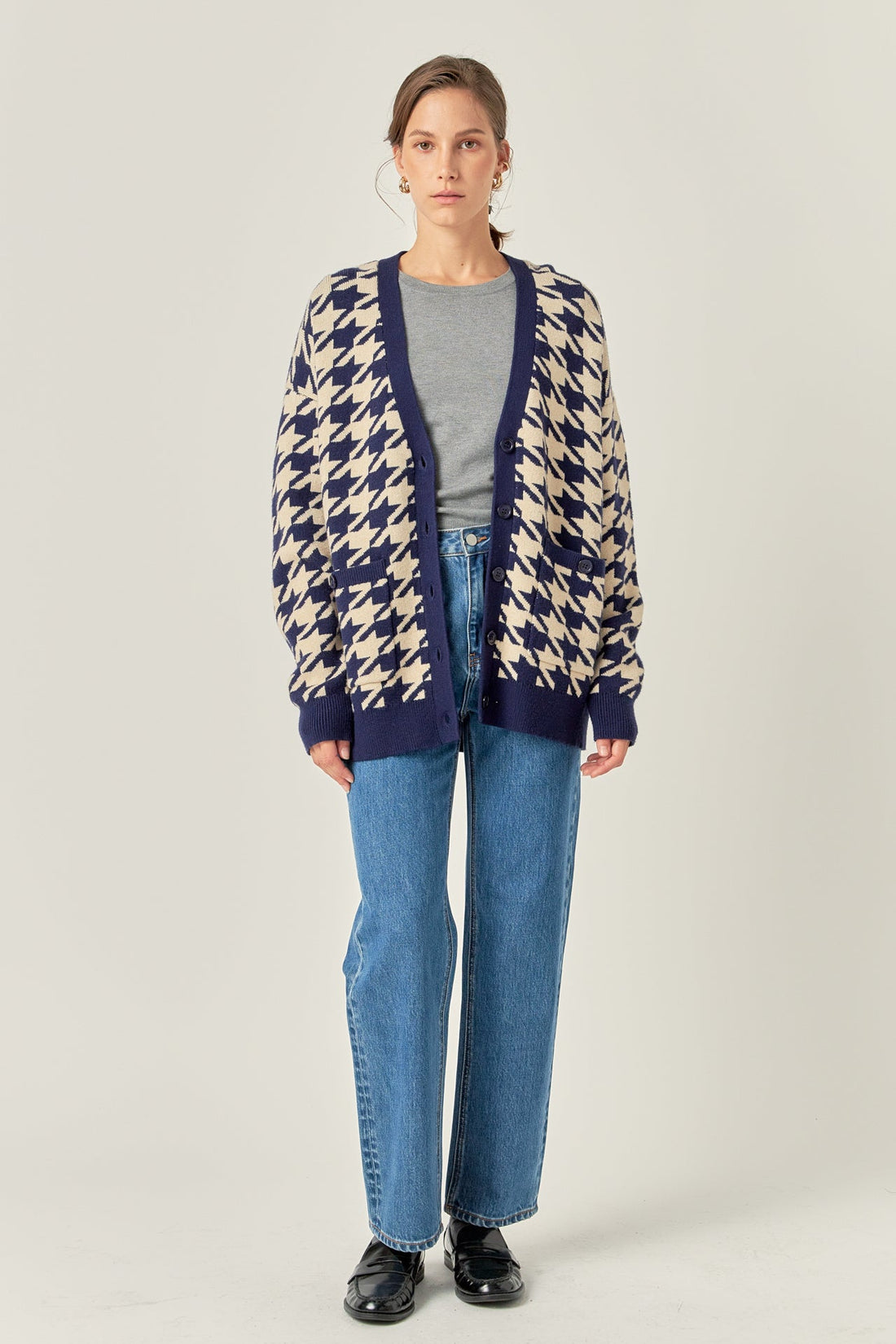 Navy Houndstooth Knit Cardigan