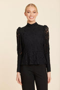 Floral Black Lace Pearl Button Longsleeve Peplum