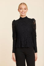 Floral Black Lace Pearl Button Longsleeve Peplum