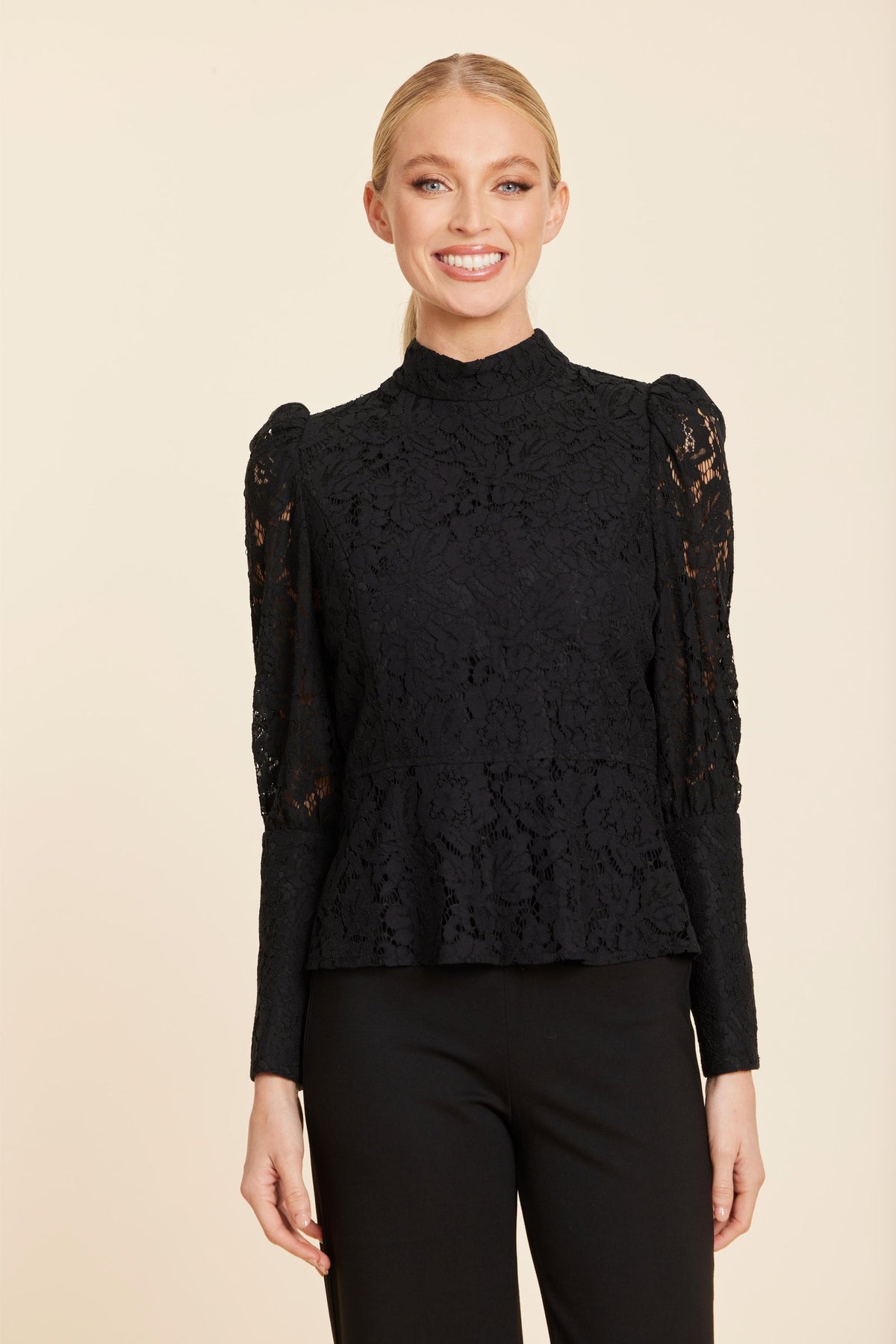 Floral Black Lace Pearl Button Longsleeve Peplum