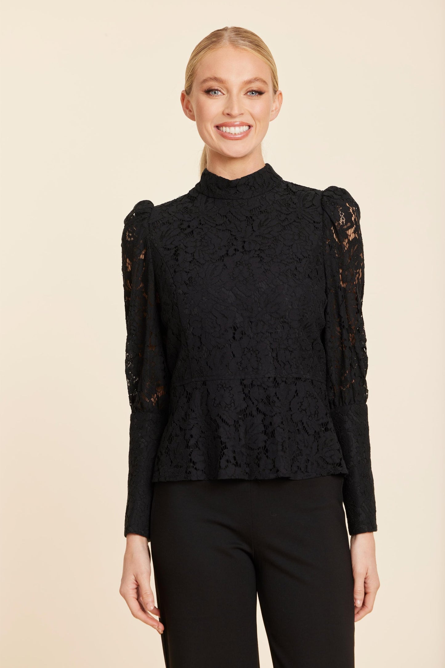 Floral Black Lace Pearl Button Longsleeve Peplum