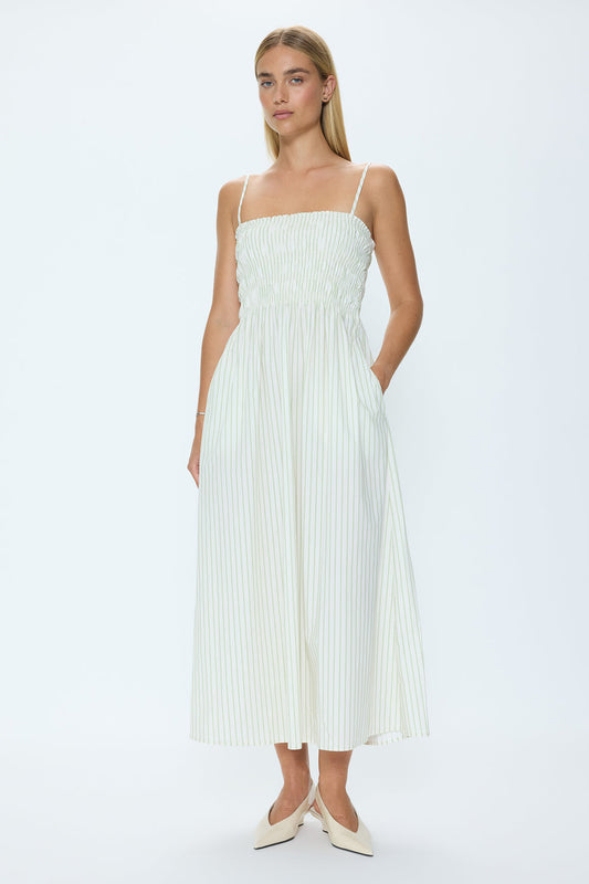 Bianca Shirred Striped Bodice Dress Sage Egret Stripe