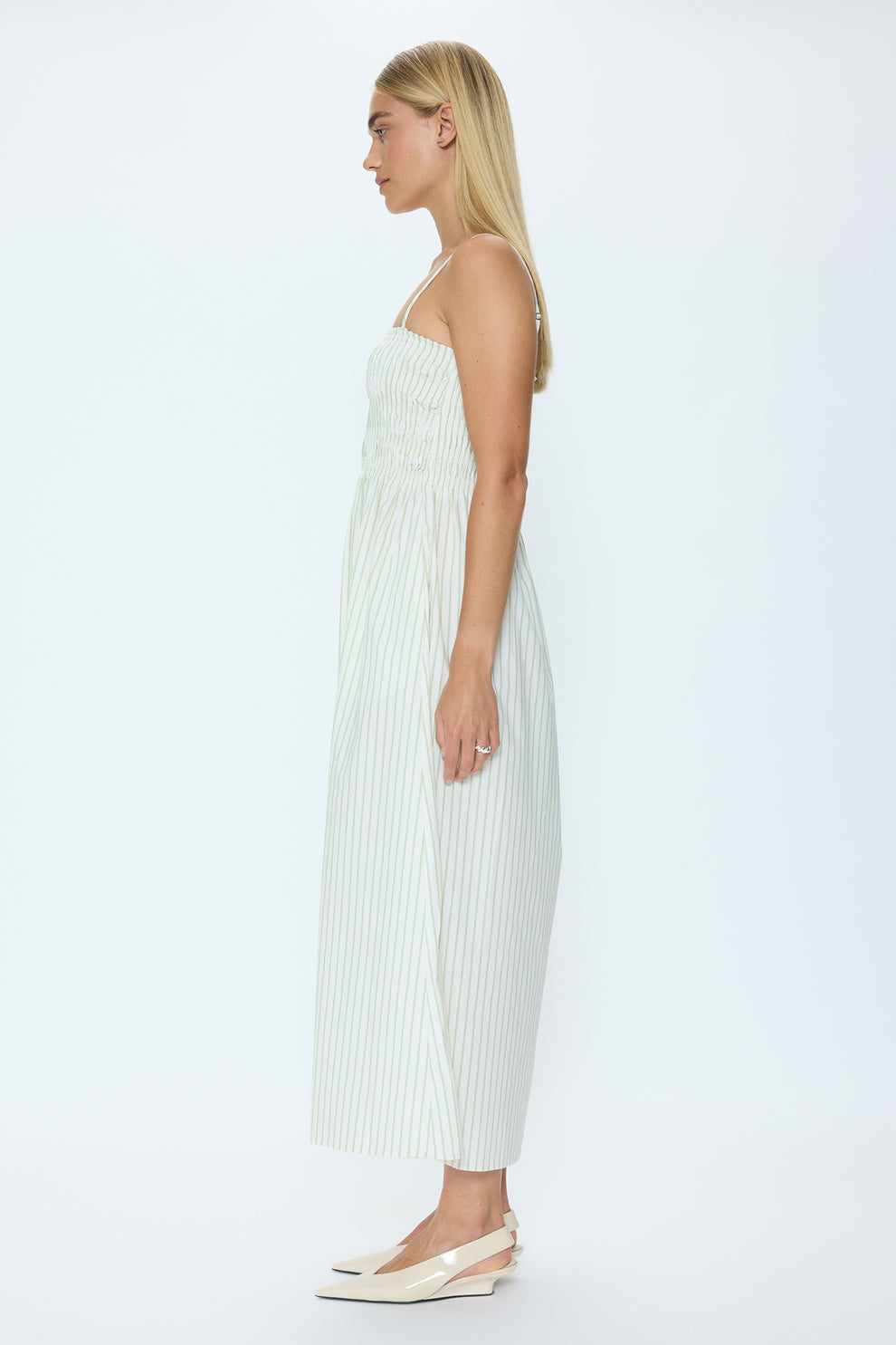 Bianca Shirred Striped Bodice Dress Sage Egret Stripe