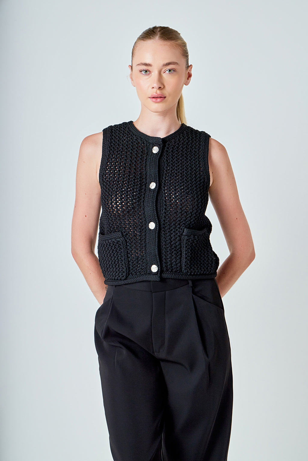 Black Knit Vest Statement Buttons