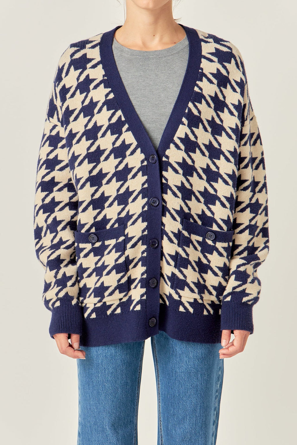Navy Houndstooth Knit Cardigan