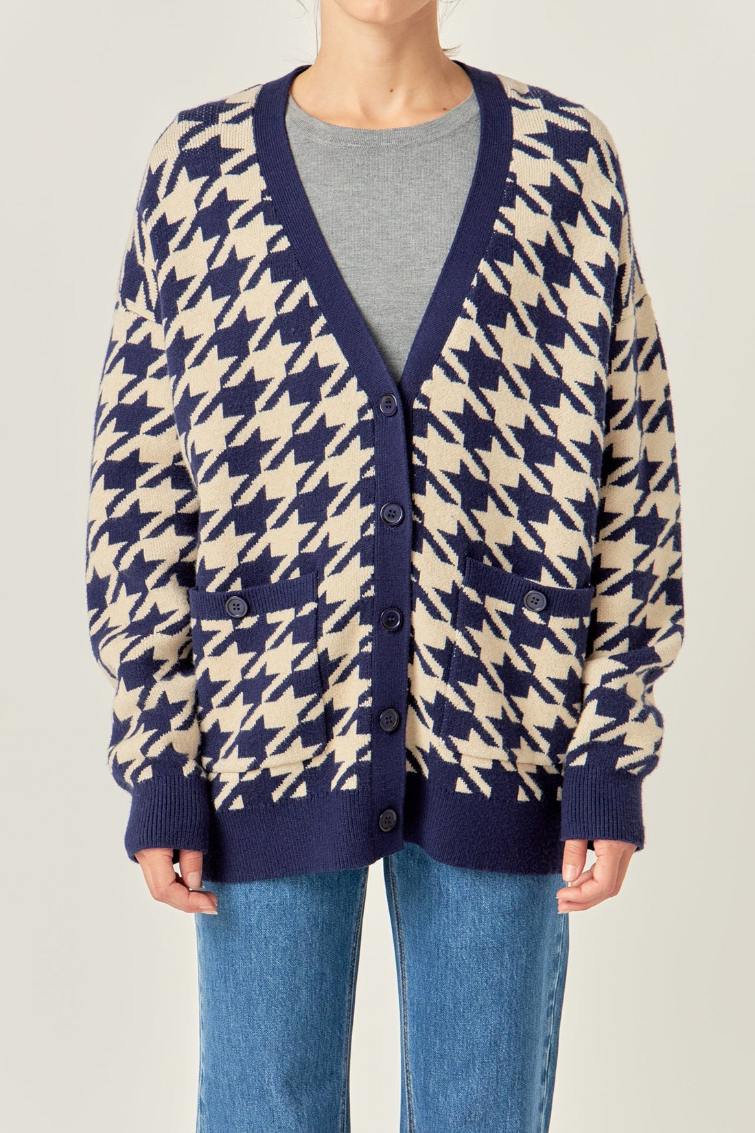 Navy Houndstooth Knit Cardigan