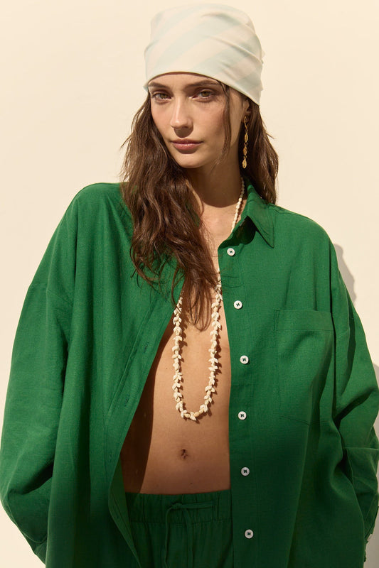 Antibes Kelly Green Linen Blend Button-Up Shirt