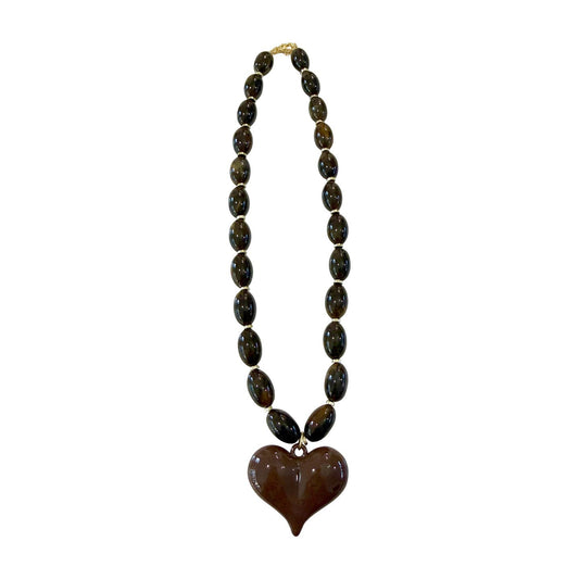 Roxie Brown Beaded Necklace Heart Charm