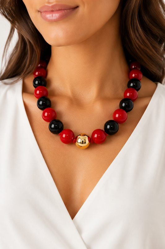 Leslie Chunky Black and Red Beaded Necklace