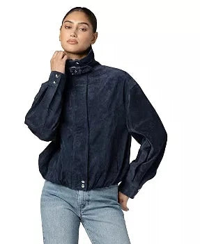 Navy Suede Funnel Neck Jacket