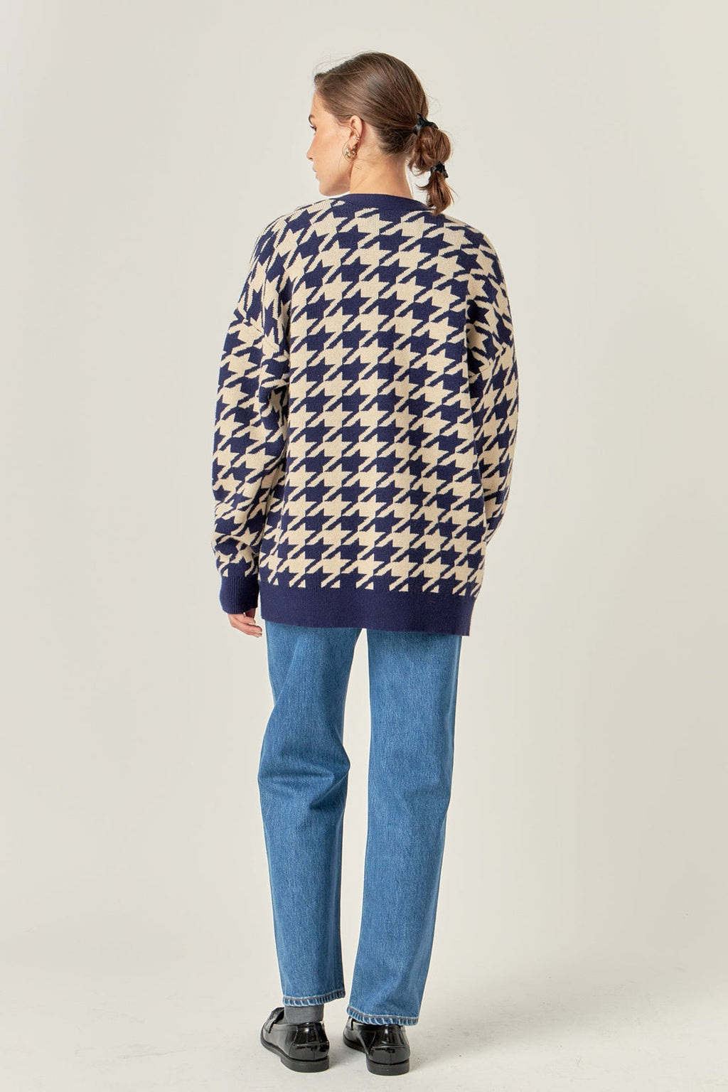 Navy Houndstooth Knit Cardigan