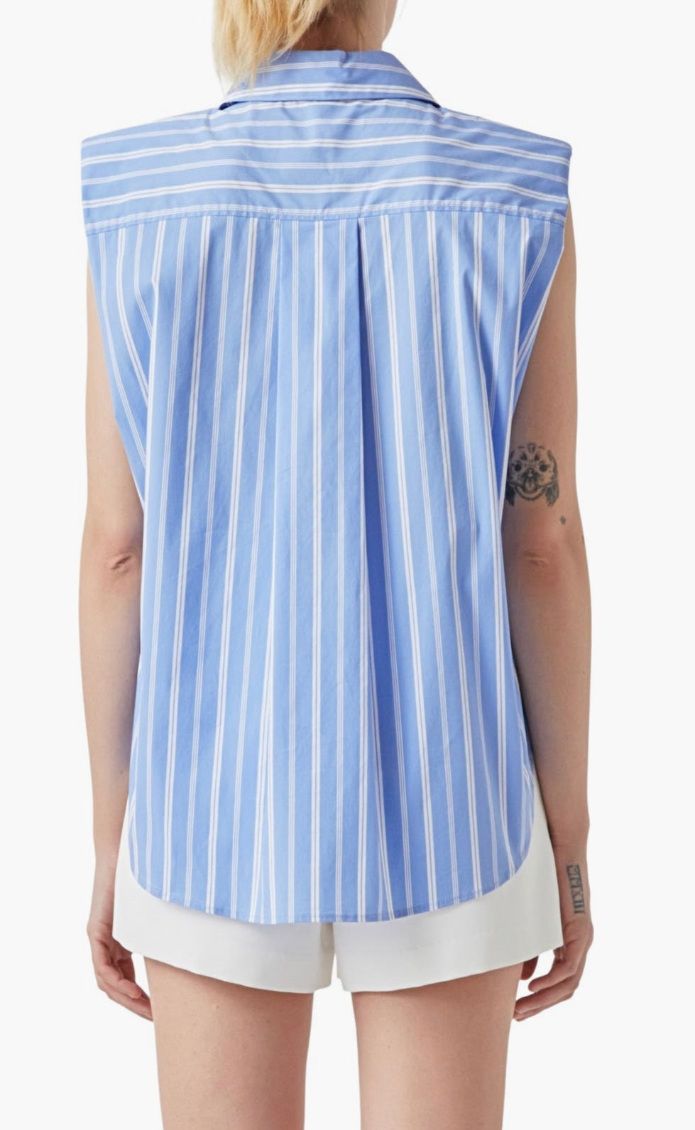 Stripe Power Shoulder Sleeveless Button-Up Shirt