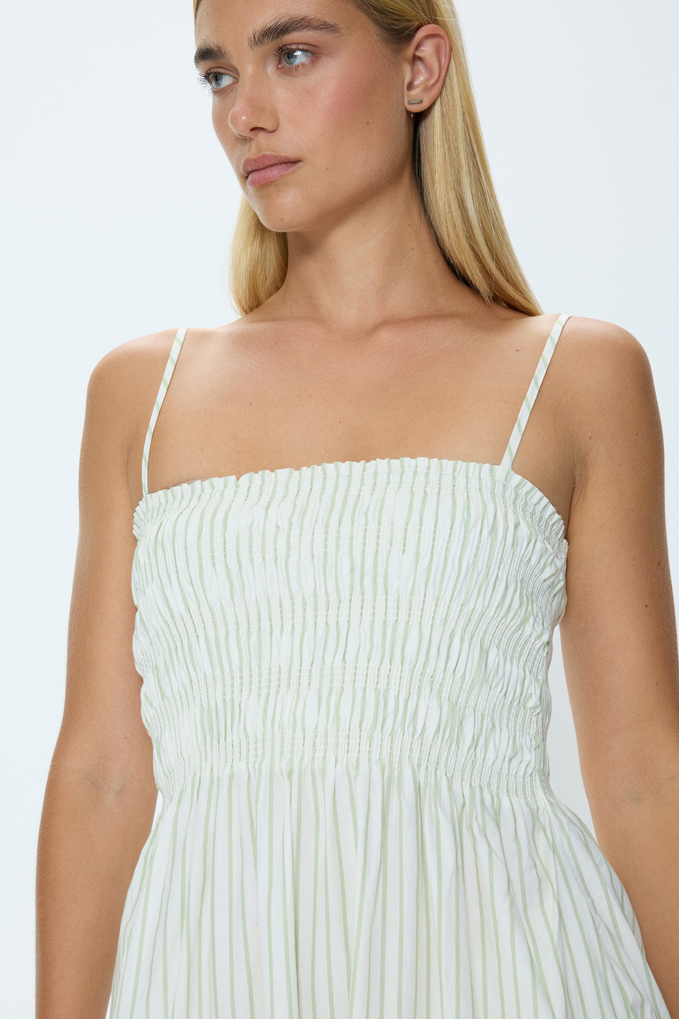 Bianca Shirred Striped Bodice Dress Sage Egret Stripe