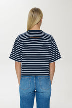 Mae Cropped Tee-Navy White Stripe