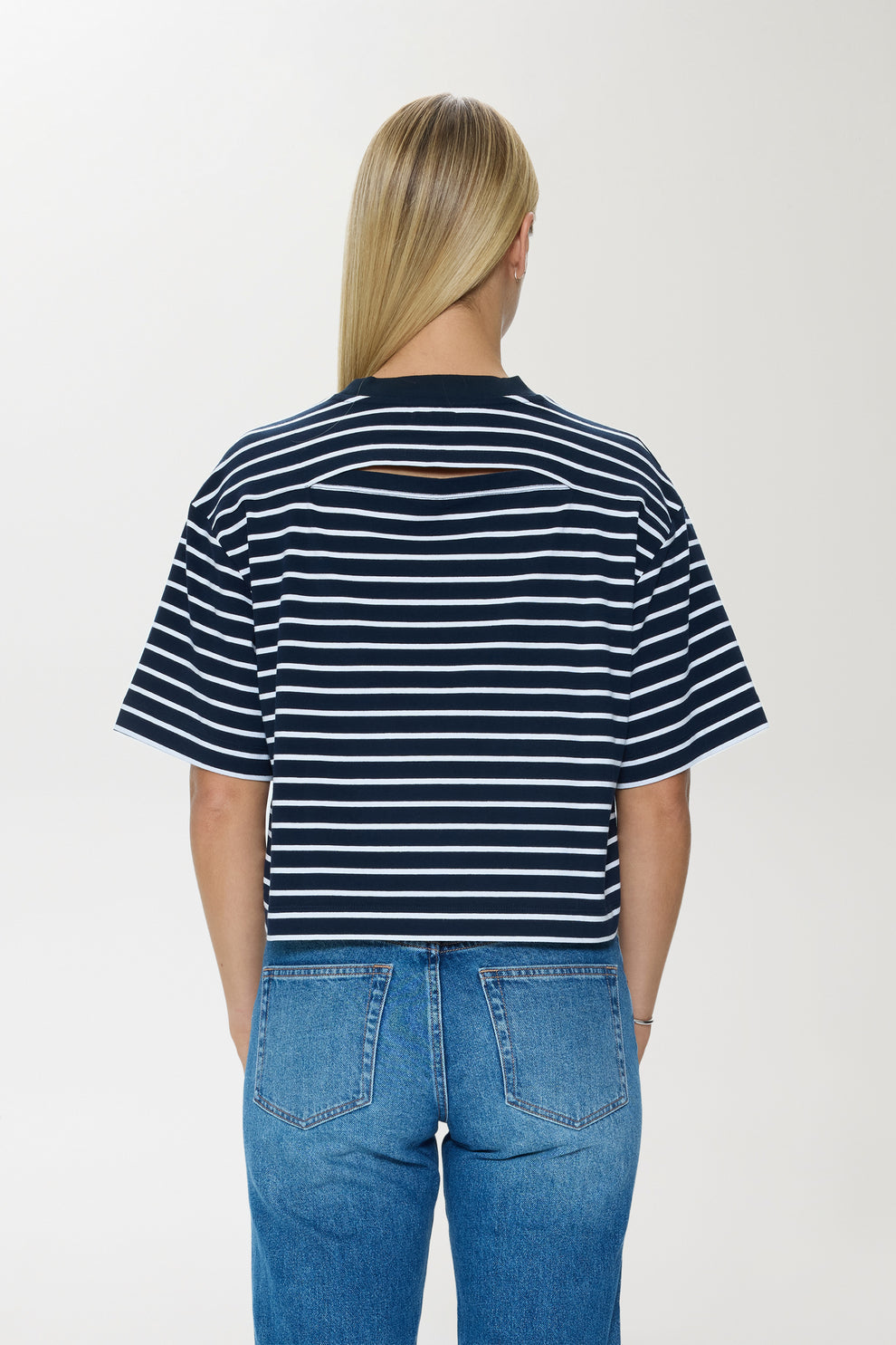 Mae Cropped Tee-Navy White Stripe